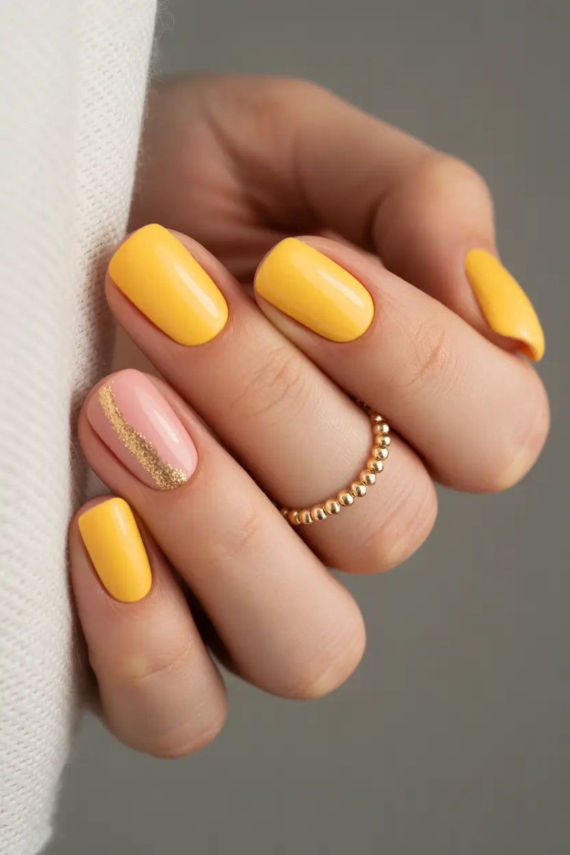 dreamy spring gel nails vibes 2026 Sunny Yellow Glow with a Gold Accent Sweep