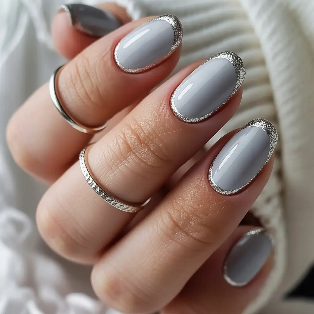 dreamy spring gel nails vibes 2026 Silver Framed Elegance with Soft Grey Shine