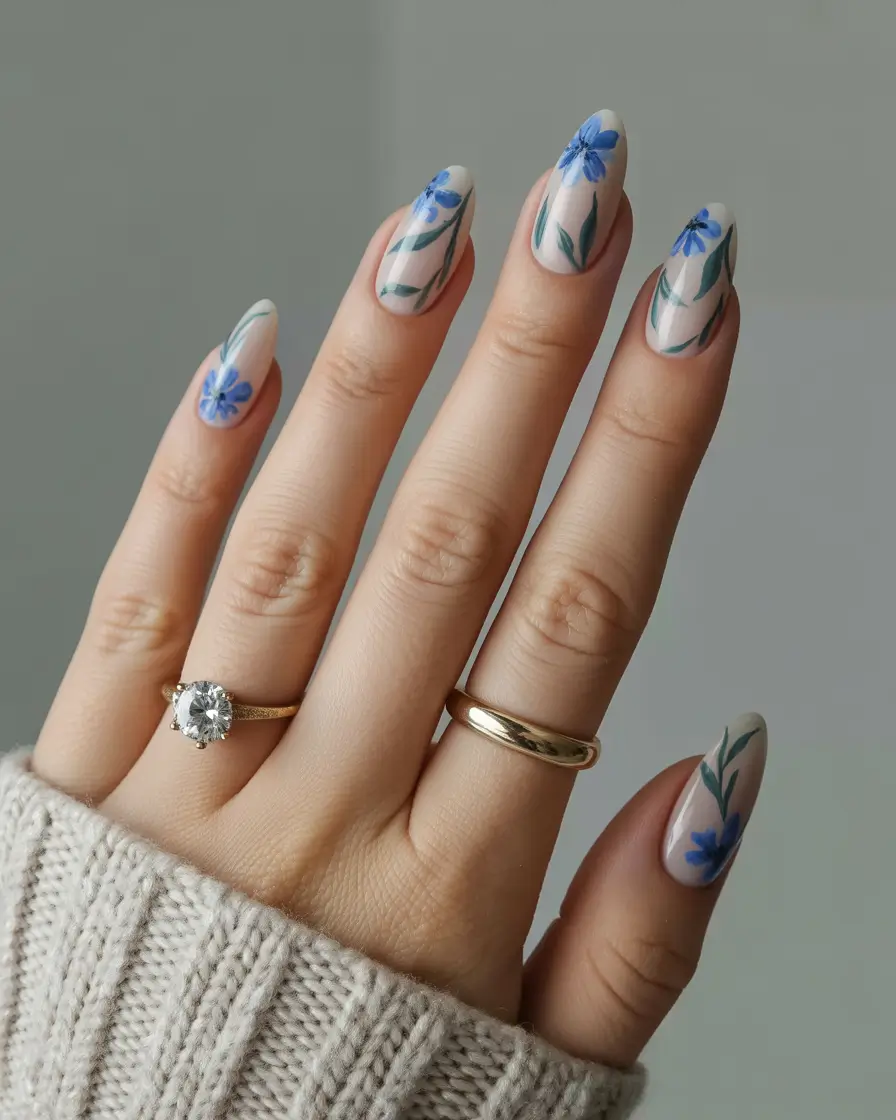 dreamy spring gel nails vibes 2026 Blue Spring Blooms with Natural Green Stems