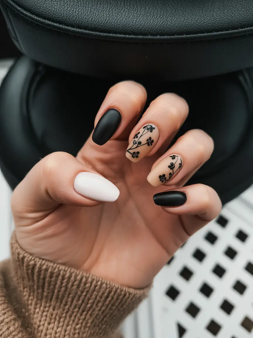 dreamy spring gel nails vibes 2026 Matte Noir Florals with Soft White Contrast