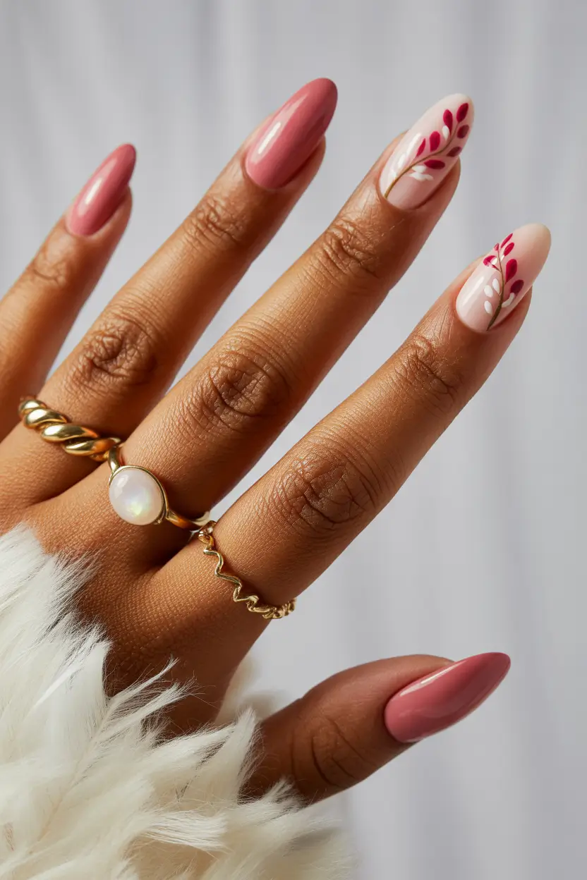 dreamy spring gel nails vibes 2026 Soft Pink Almonds with Romantic Leaf Art