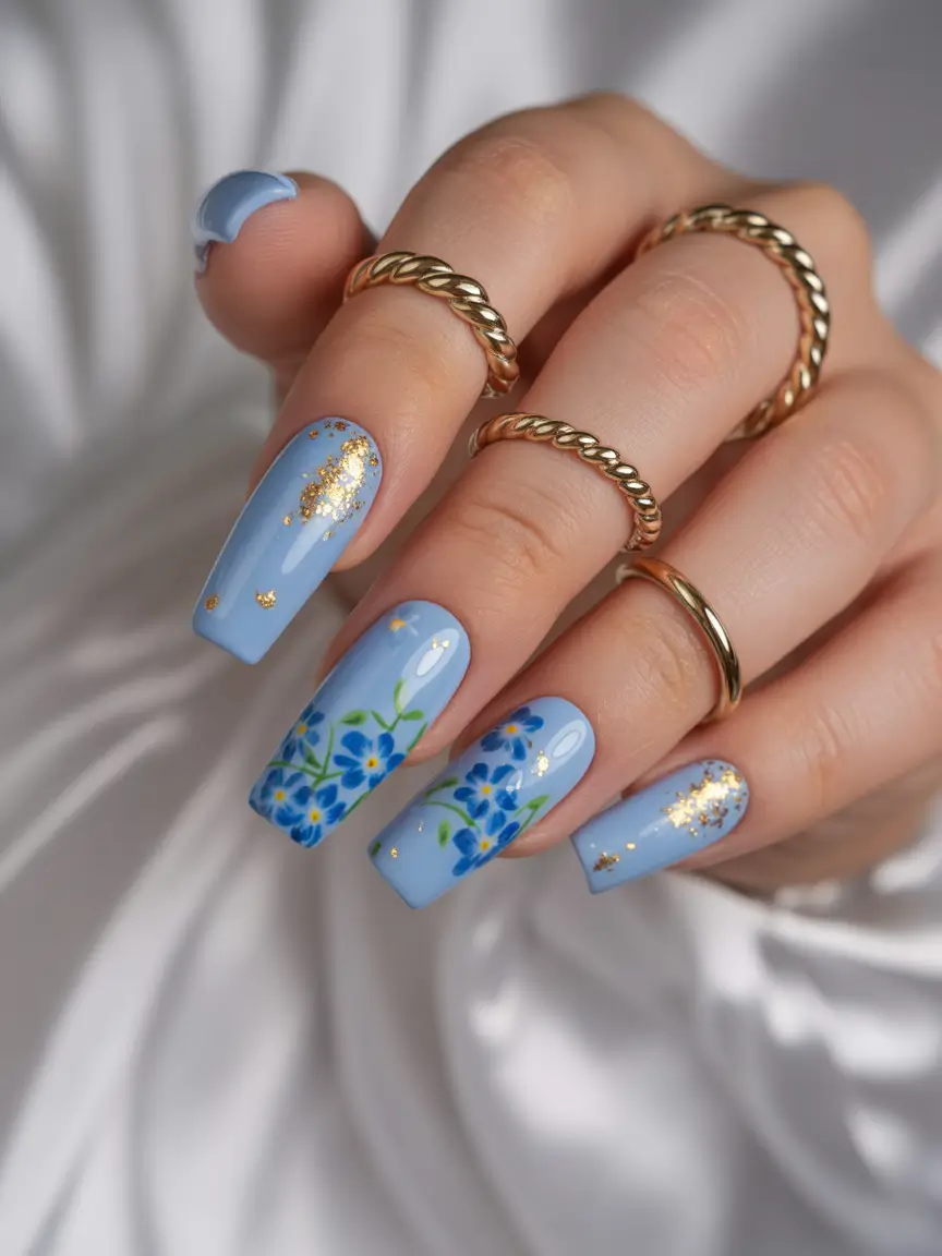 dreamy spring gel nails vibes 2026 Sky Blue Florals with Gold Speckles for Fresh Spring Drama