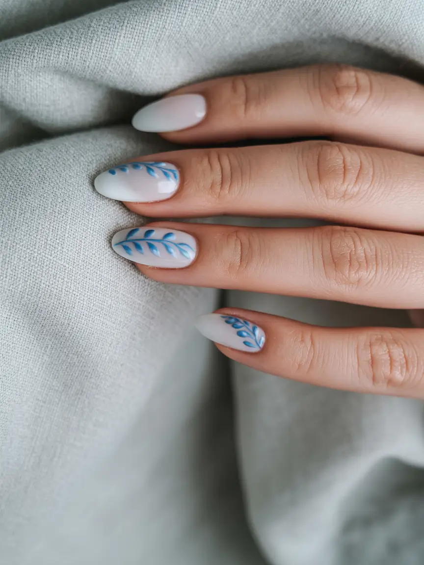 dreamy spring gel nails vibes 2026 Blue Leafy Whisper on Soft Almond Nails