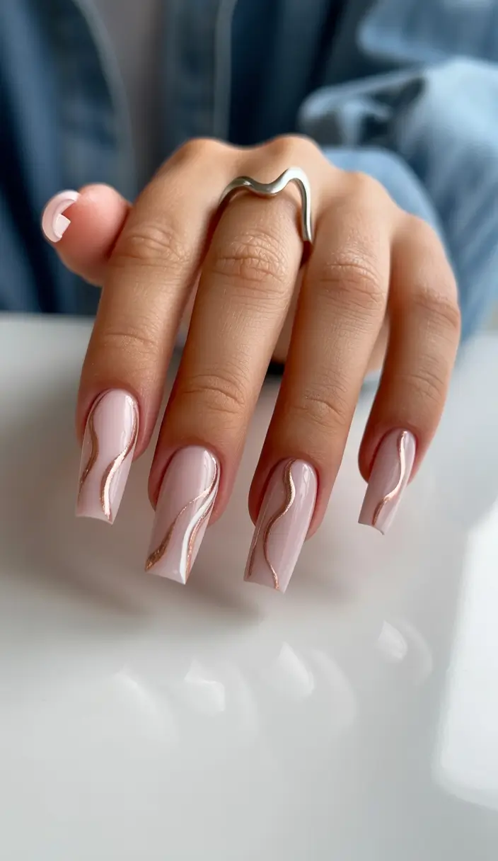 dreamy spring gel nails vibes 2026 Blush Pink Waves with Soft Metallic Accents