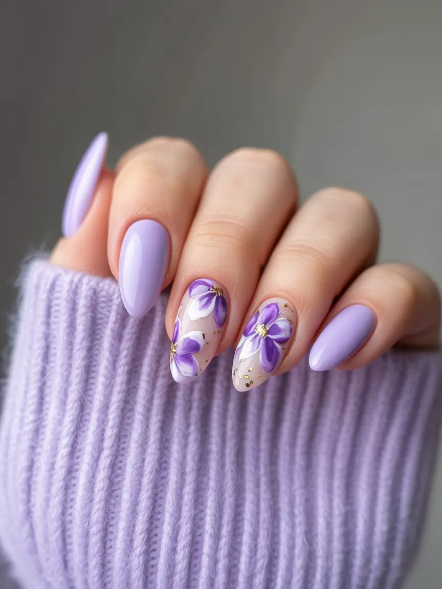 dreamy spring gel nails vibes 2026 Lavender Blossoms with a Touch of Gold