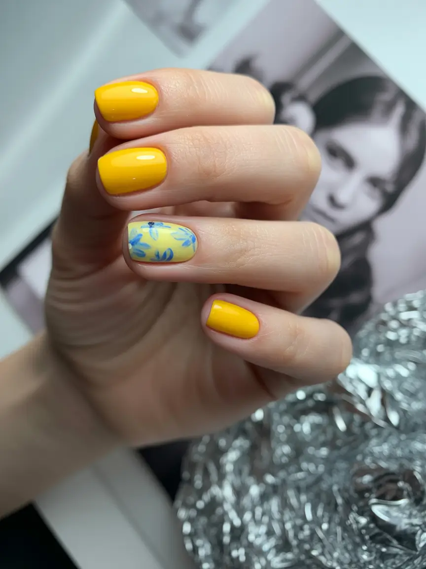 dreamy spring gel nails vibes 2026 Yellow Glow with Delicate Blue Flower Accents