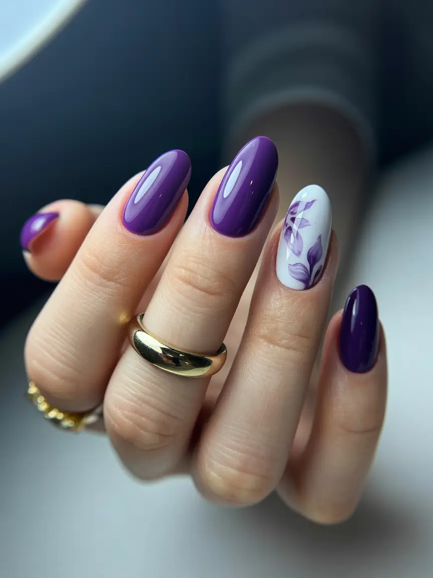 dreamy spring gel nails vibes 2026 Rich Plum with Soft Botanical Accents
