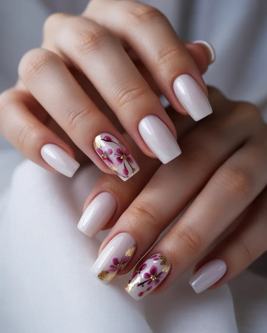 dreamy spring gel nails vibes 2026 Soft Floral Elegance with Gold Leaf Accents