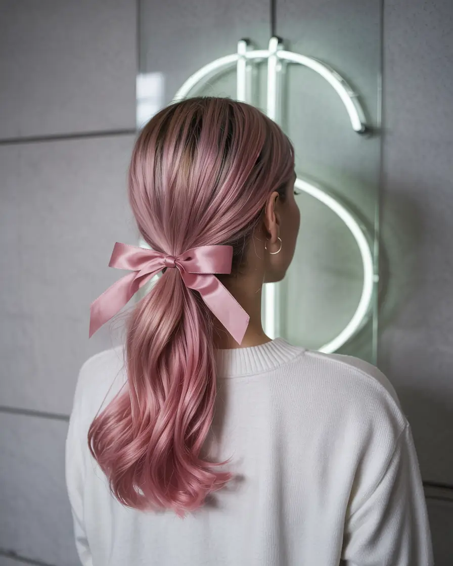 dreamy spring hair color for tan skin 2026 Rosy pastel waves with a soft spring bow finish