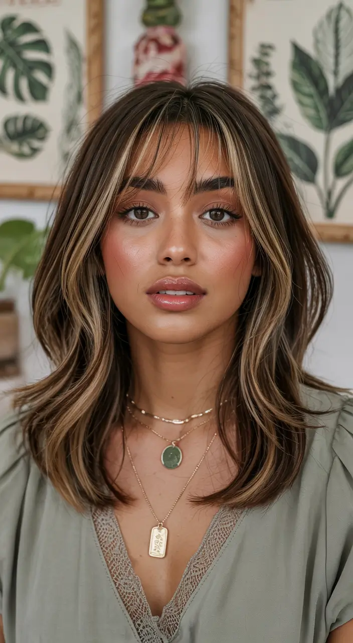 dreamy spring hair color for tan skin 2026 Golden contour brunette with airy curtain bangs