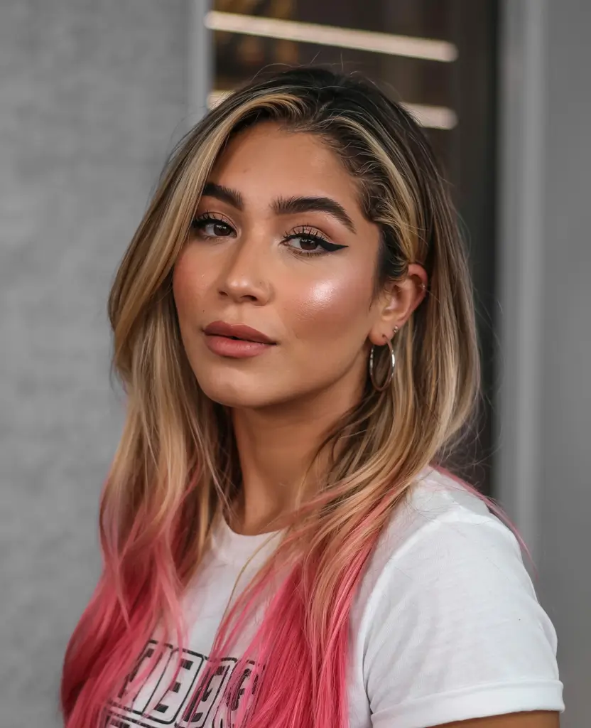 dreamy spring hair color for tan skin 2026 Blonde melt with vivid pink ends for a spring punch