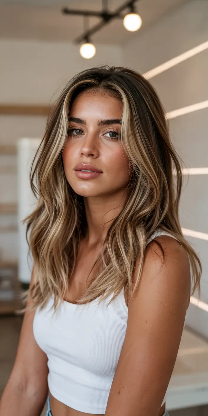 dreamy spring hair color for tan skin 2026 Sunlit beige blonde layers with soft glow blending