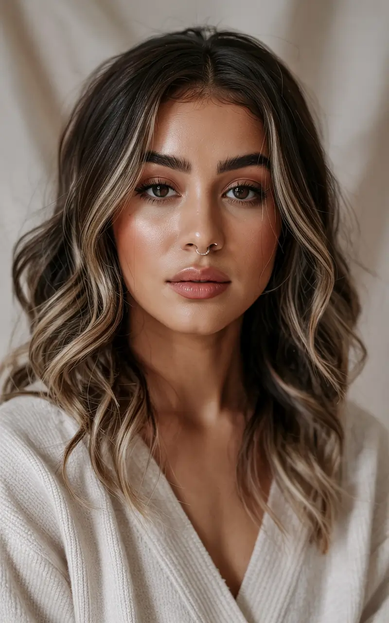 dreamy spring hair color for tan skin 2026 Soft mocha waves with cool contour framing