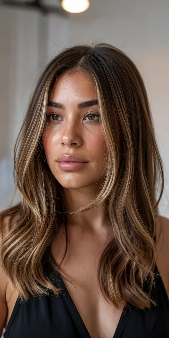 dreamy spring hair color for tan skin 2026 Warm brunette with glowing honey placement