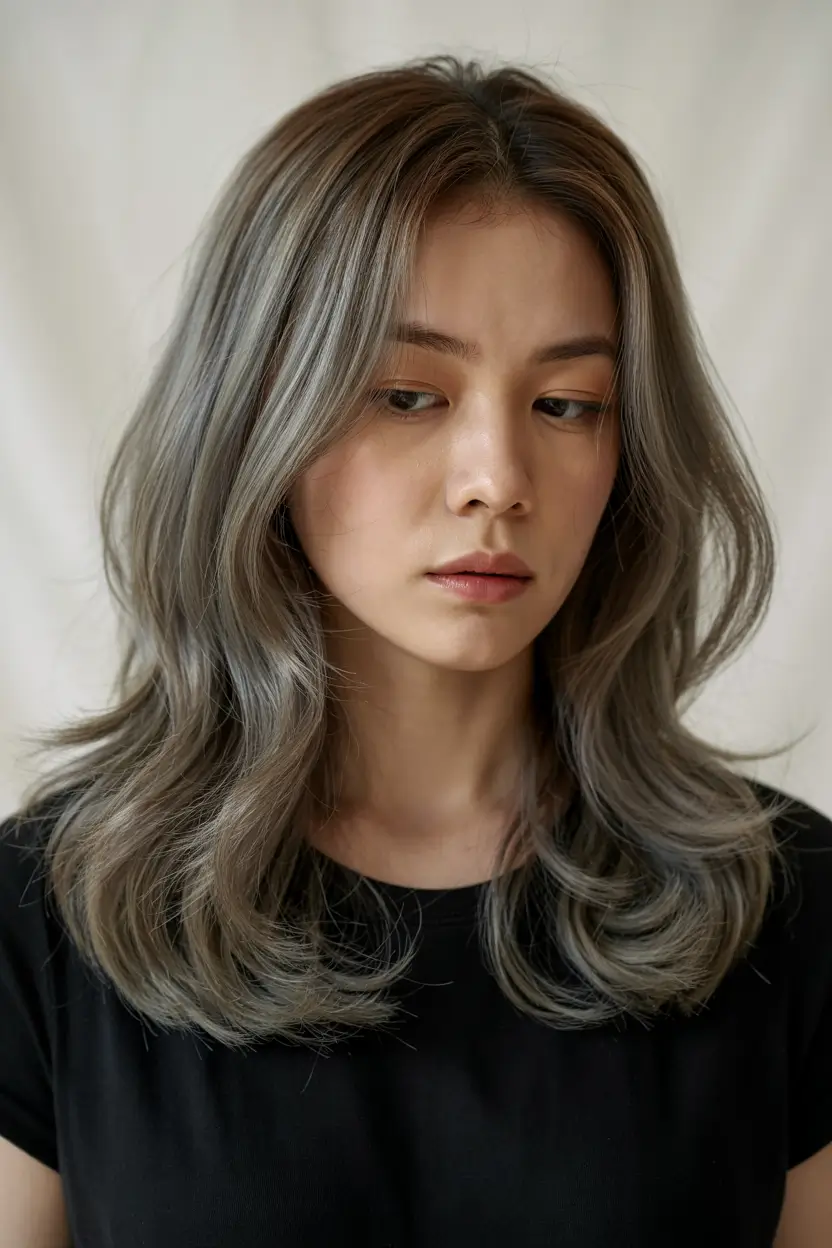 dreamy spring hair color for tan skin 2026 Cool graphite waves with muted metallic softness