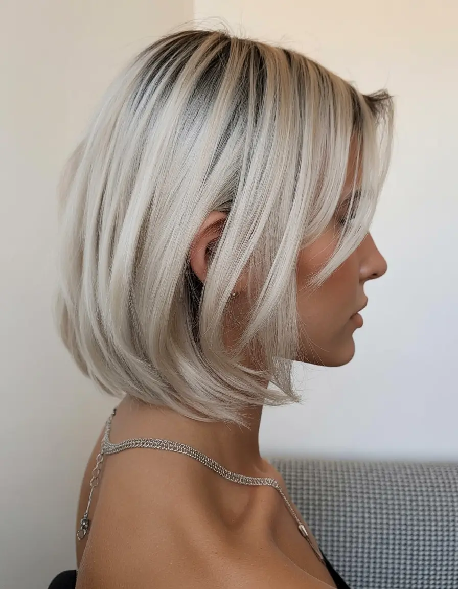 dreamy spring hair color for tan skin 2026 Icy beige blonde bob with soft root shading