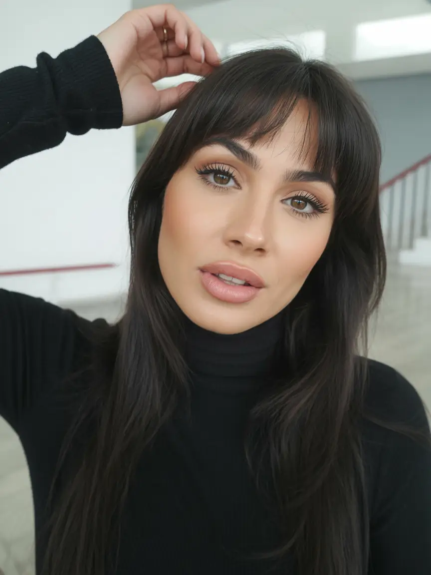 dreamy spring hair color for tan skin 2026 Deep espresso brunette with soft fringe detail