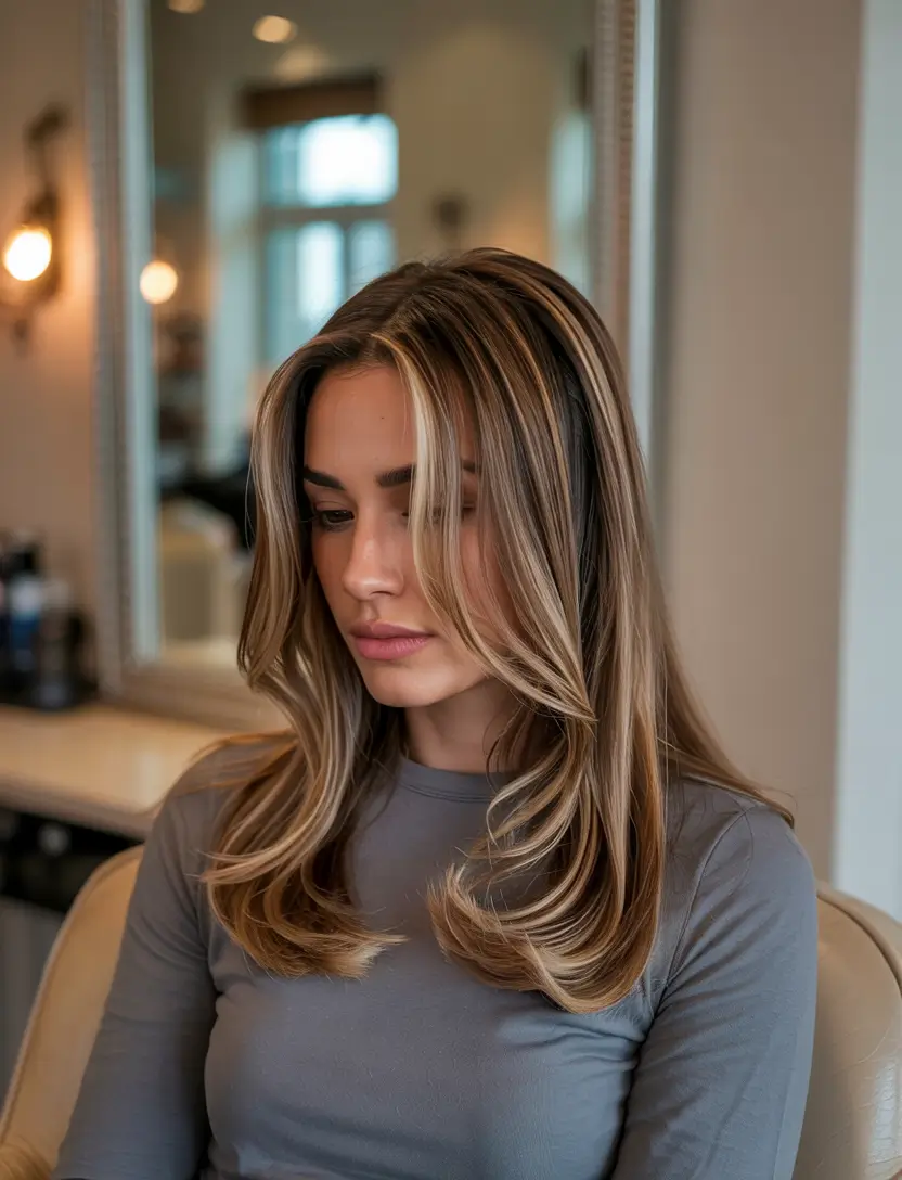 dreamy spring hair color for tan skin 2026 Soft golden ribbon highlights on flowing layers