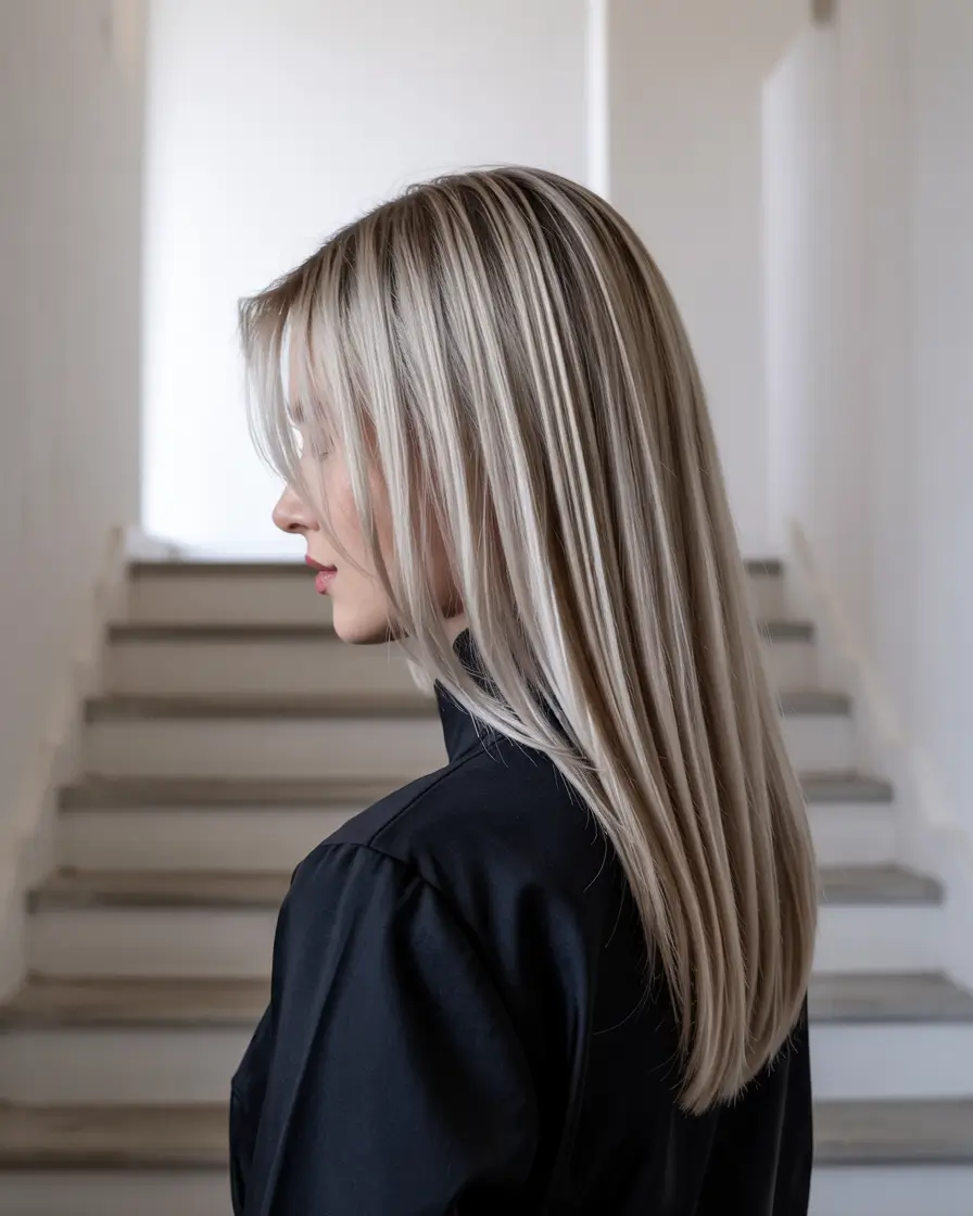 dreamy spring hair color for tan skin 2026 Frosted pearl blonde with clean sleek structure