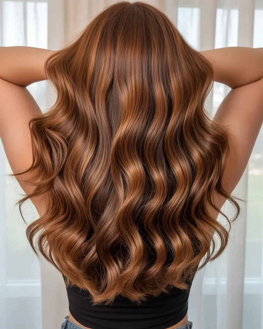 dreamy spring hair color warm skin tone 2026 Rich Chestnut Ribbon Waves with High Gloss