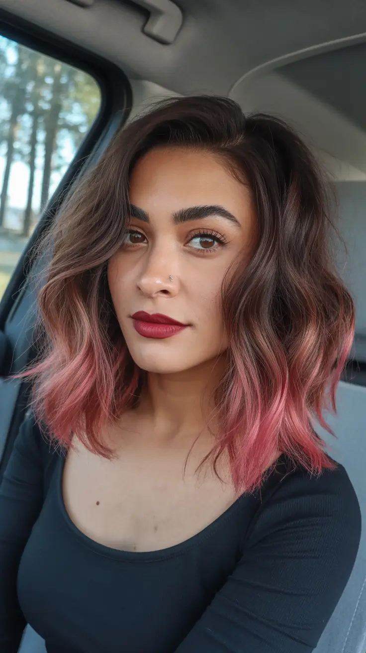 dreamy spring hair color warm skin tone 2026 Deep Brunette Lob with Watermelon Pink Ends