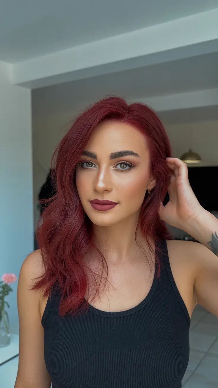 dreamy spring hair color warm skin tone 2026 Mulberry Red Waves with a Soft Satin Finish