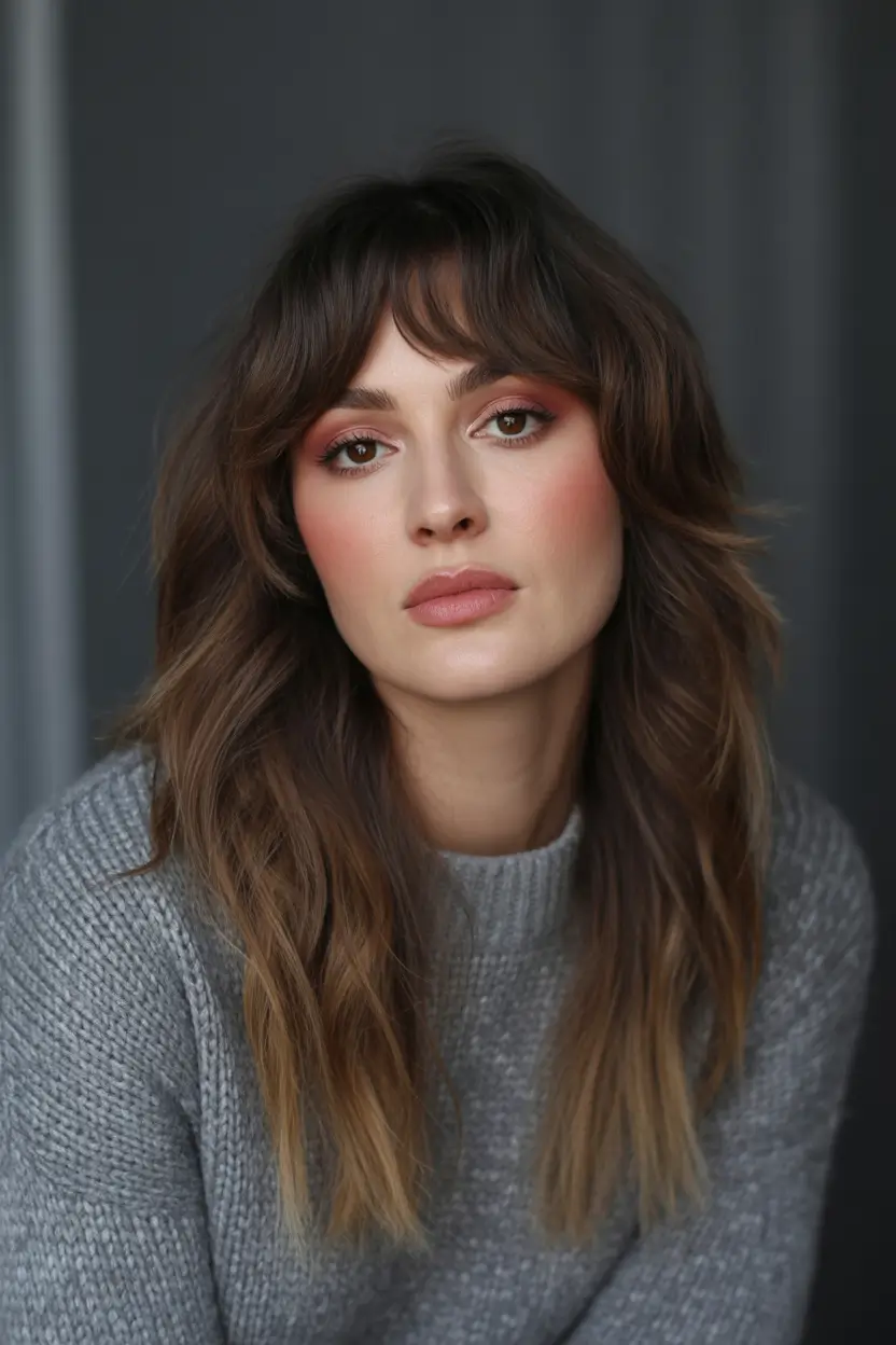 dreamy spring hair color warm skin tone 2026 Rooty Soft Brunette Shag with Sun Melted Ends