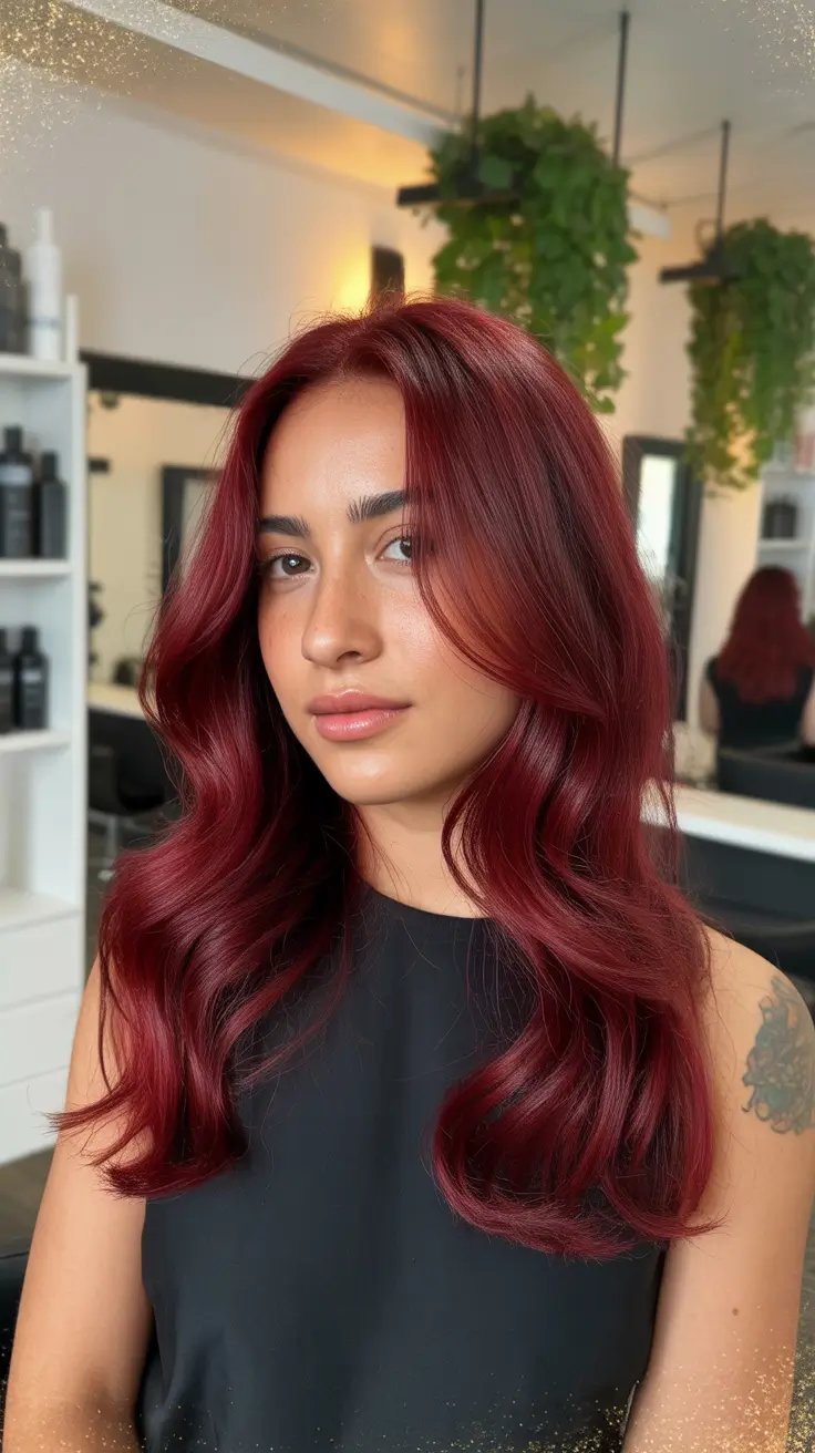 dreamy spring hair color warm skin tone 2026 Crimson Velvet Waves with Soft Shine