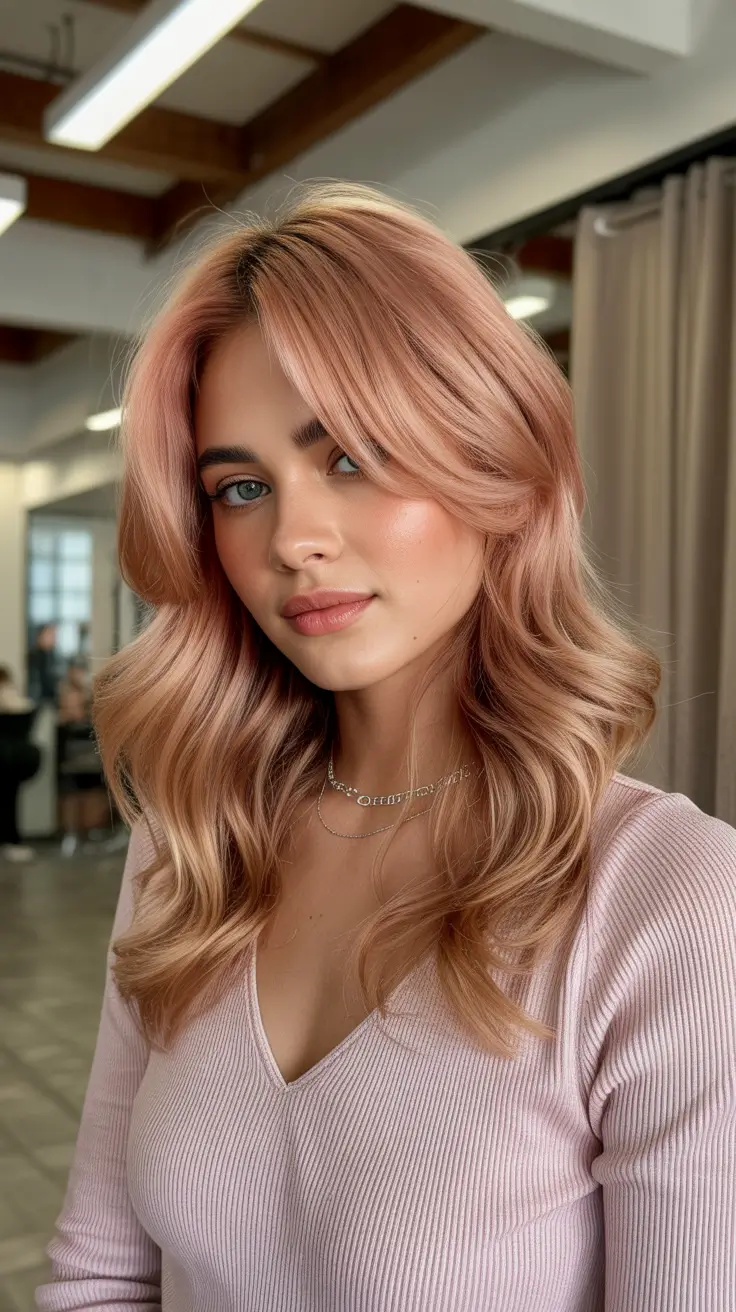dreamy spring hair color warm skin tone 2026 Peachy Rose Long Layers with Soft Dimension