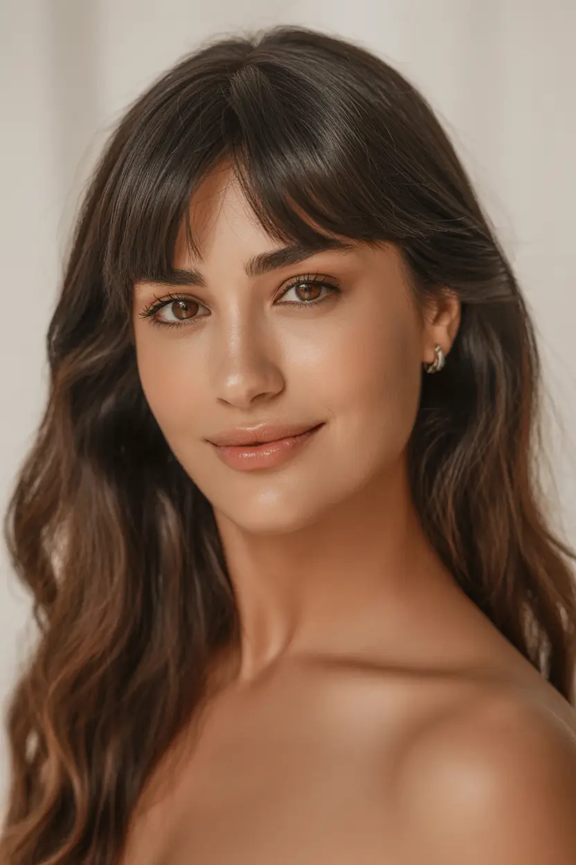 dreamy spring hair color warm skin tone 2026 Mocha Waves with Soft Curtain Fringe