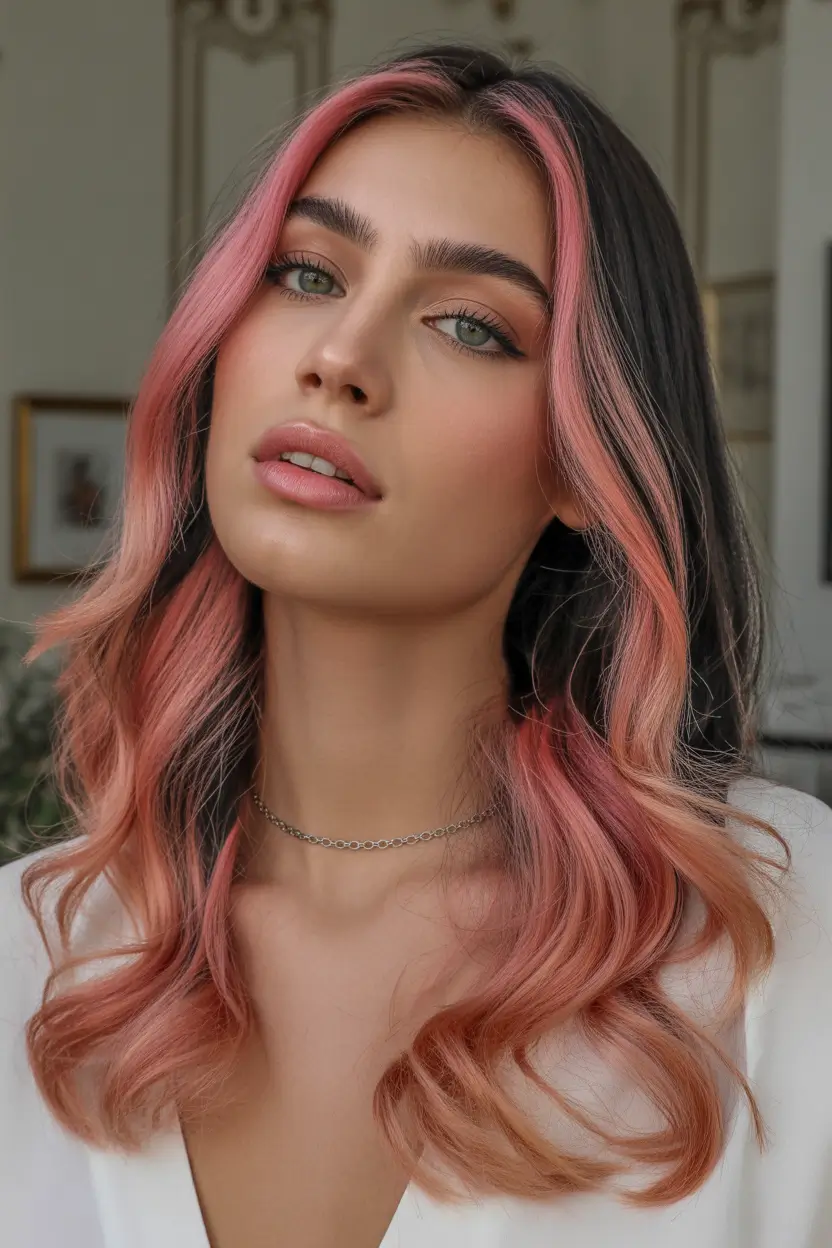 dreamy spring hair color warm skin tone 2026 Face Framing Watermelon Pink with Soft Dark Lengths