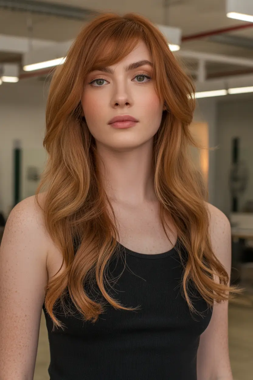 dreamy spring hair color warm skin tone 2026 Golden Apricot Layers with Soft Curtain Bangs