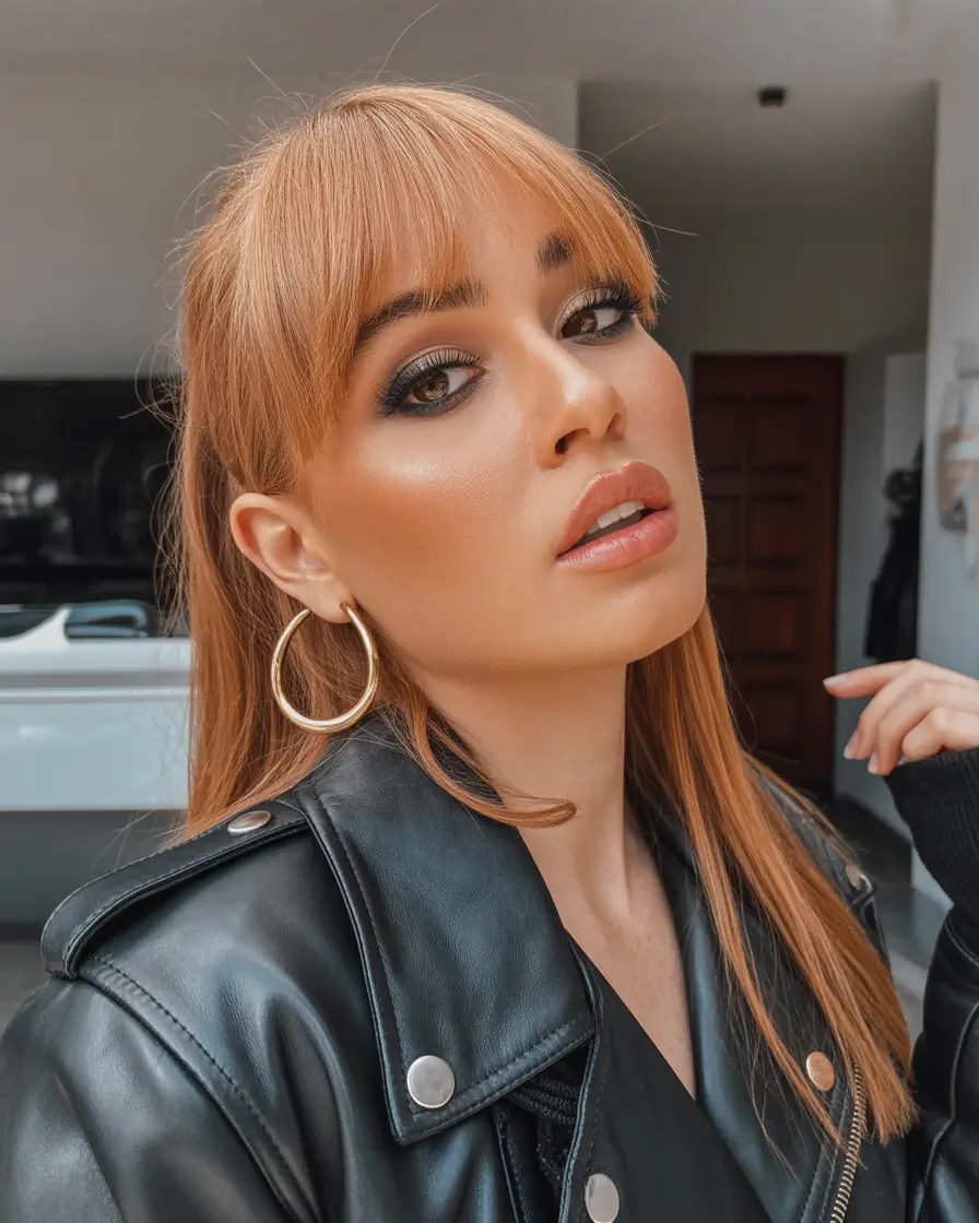 dreamy spring hair color warm skin tone 2026 Warm Honey Blonde with Full Fringe