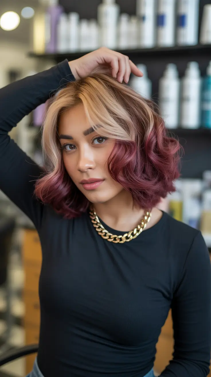 dreamy spring hair color warm skin tone 2026 Two Tone Berry Melt with Blonde Contrast