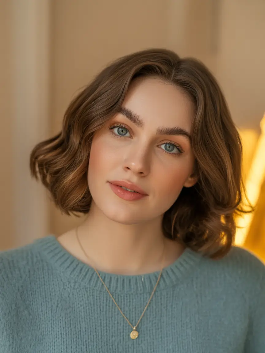 dreamy spring hair color warm skin tone 2026 Warm Chestnut Bob with Soft Volume