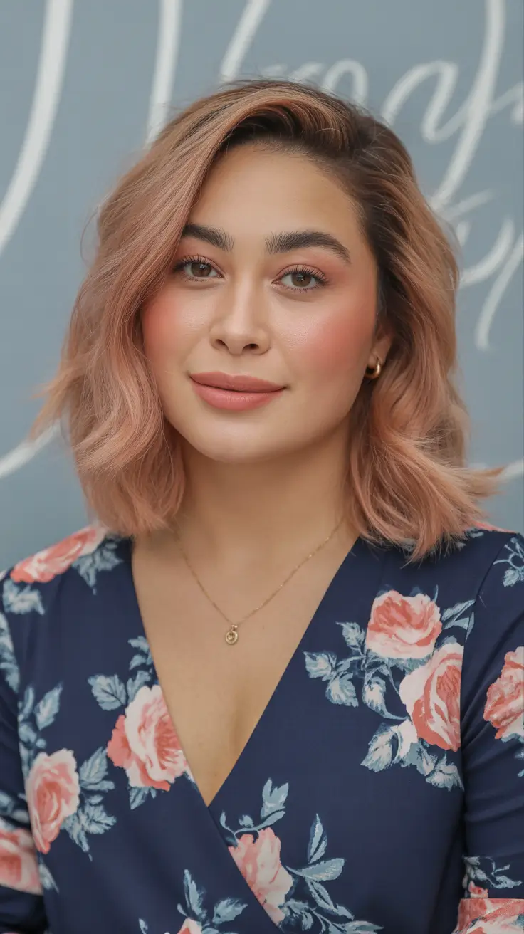 dreamy spring hair color warm skin tone 2026 Rose Gold Wavy Bob for a Soft Spring Bloom