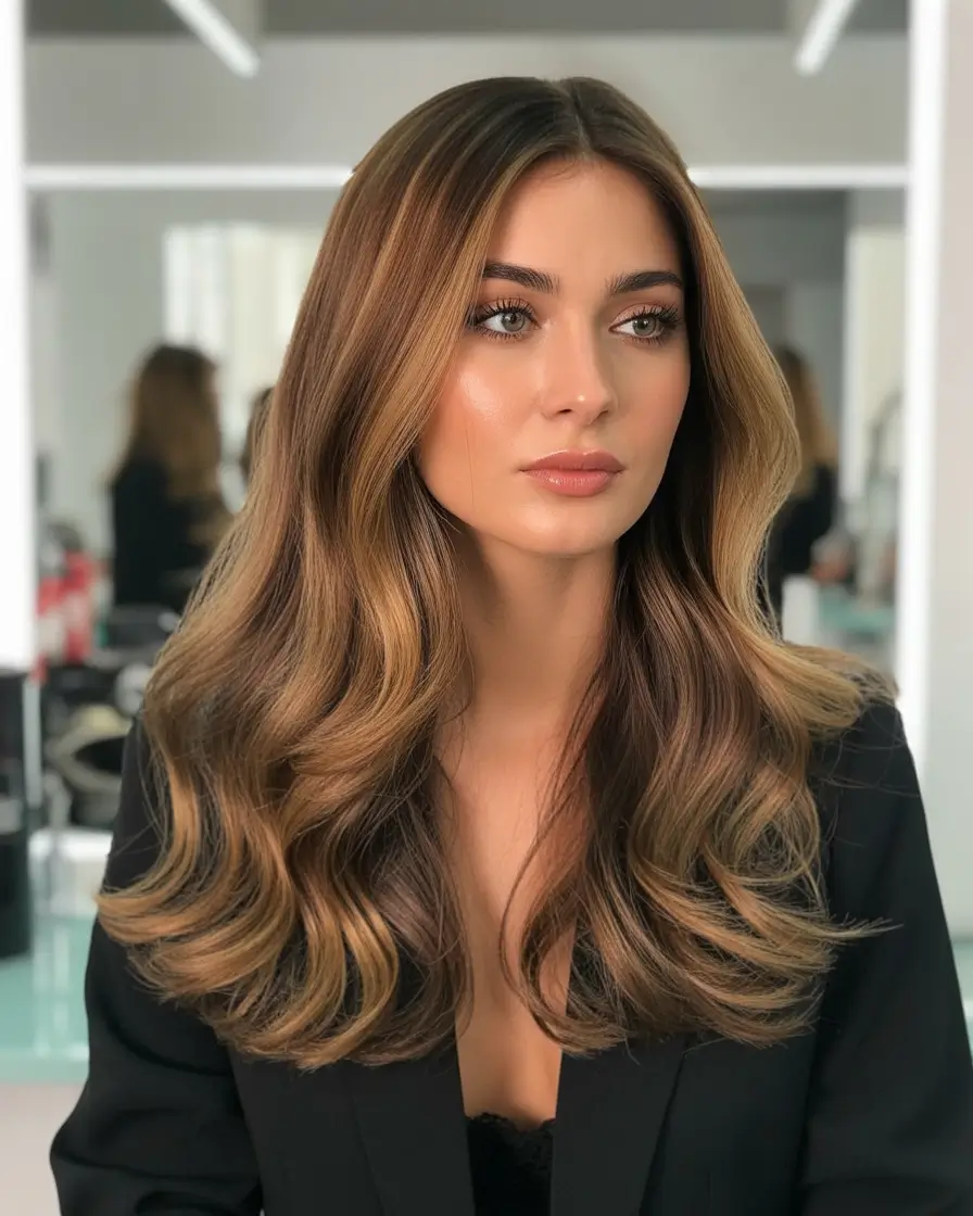 dreamy spring hair color warm skin tone 2026 Caramel Balayage Waves with Soft Depth