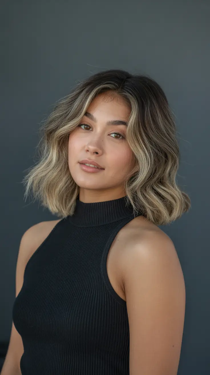 dreamy spring hair color warm skin tone 2026 Soft Mushroom Bronde Bob with Airy Texture