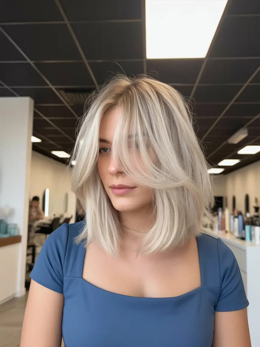 dreamy spring mid length haircut 2026 Platinum Textured Lob With Curtain Fringe