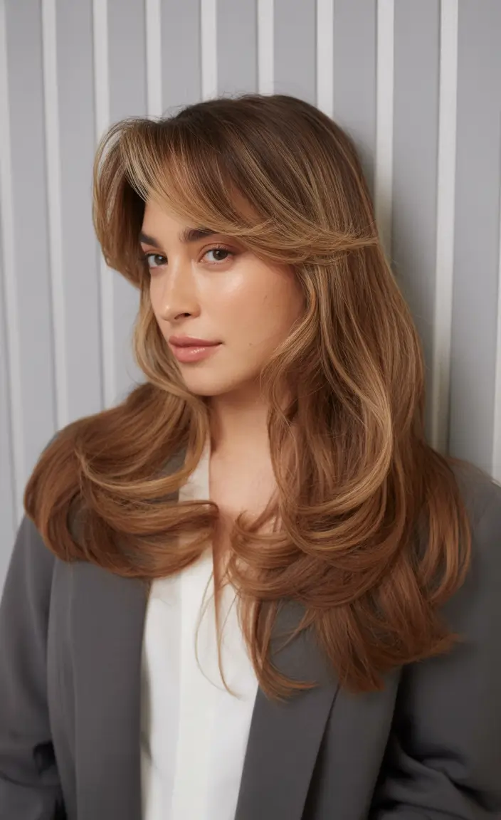 dreamy spring mid length haircut 2026 Caramel Feathered Layers With Volume Through The Ends