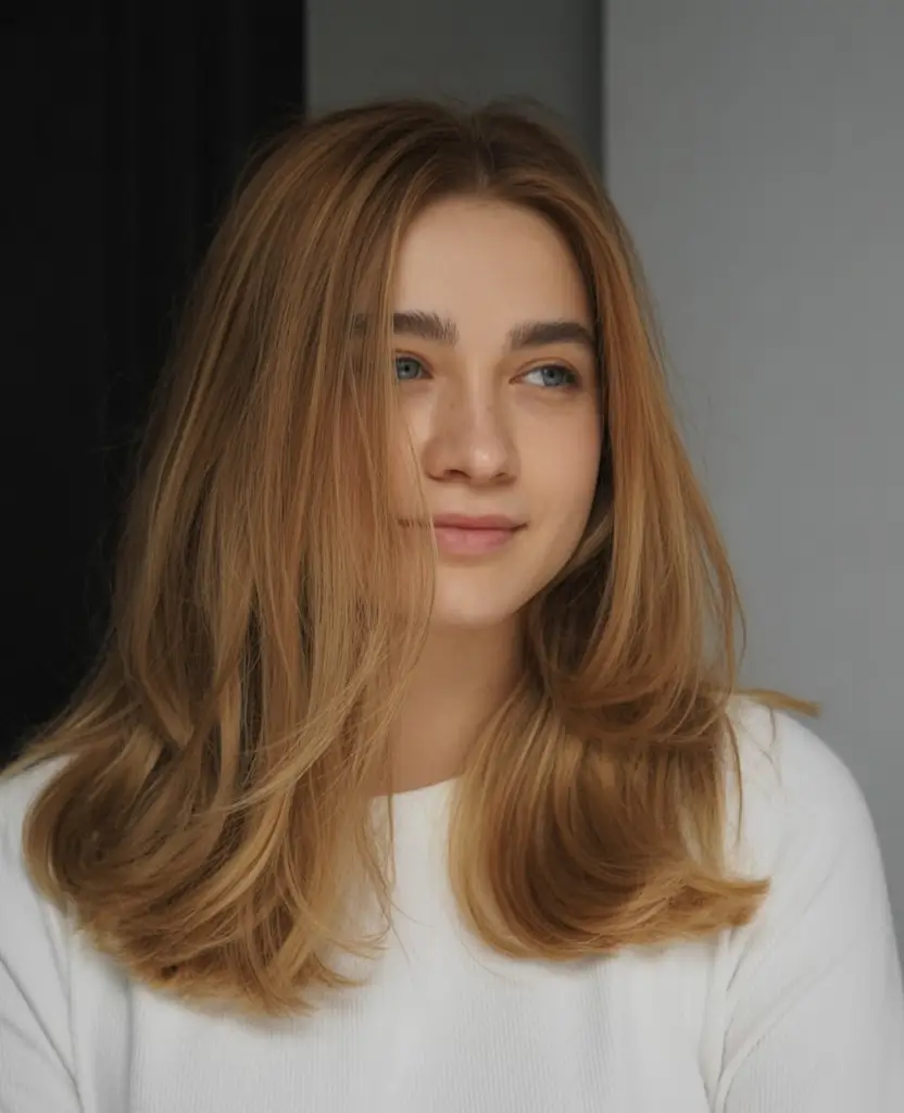 dreamy spring mid length haircut 2026 Warm Golden Layers With Soft Blowout Finish