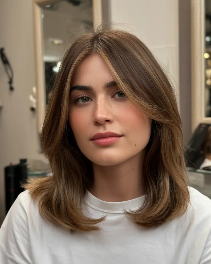 dreamy spring mid length haircut 2026 Glossy Brunette With Structured Face Framing