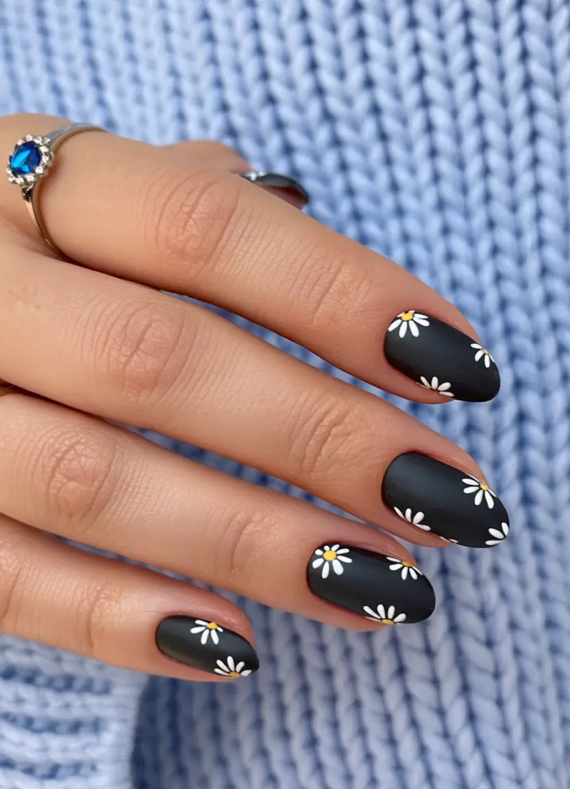 dreamy spring nails 2026 Soft Matte Florals on Deep Midnight