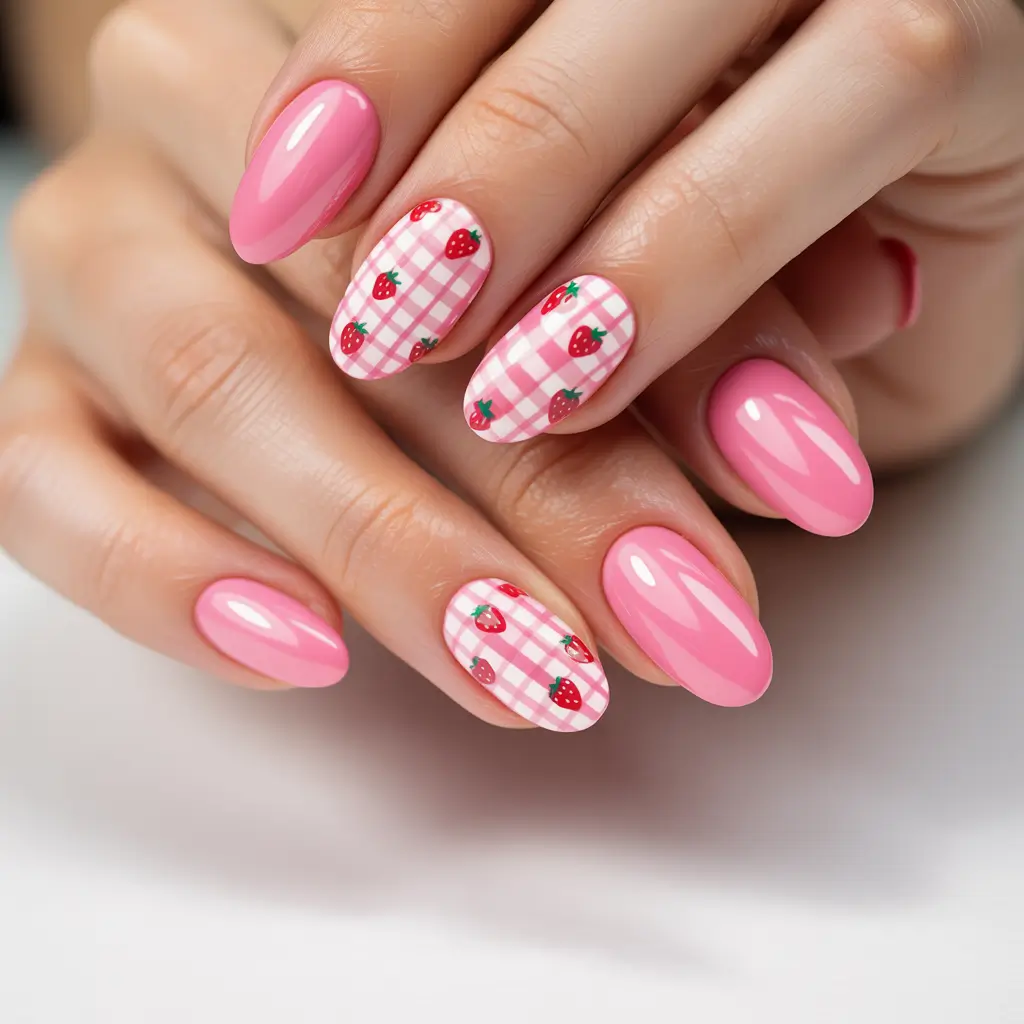 dreamy spring nails 2026 Pink Picnic Strawberry Gingham