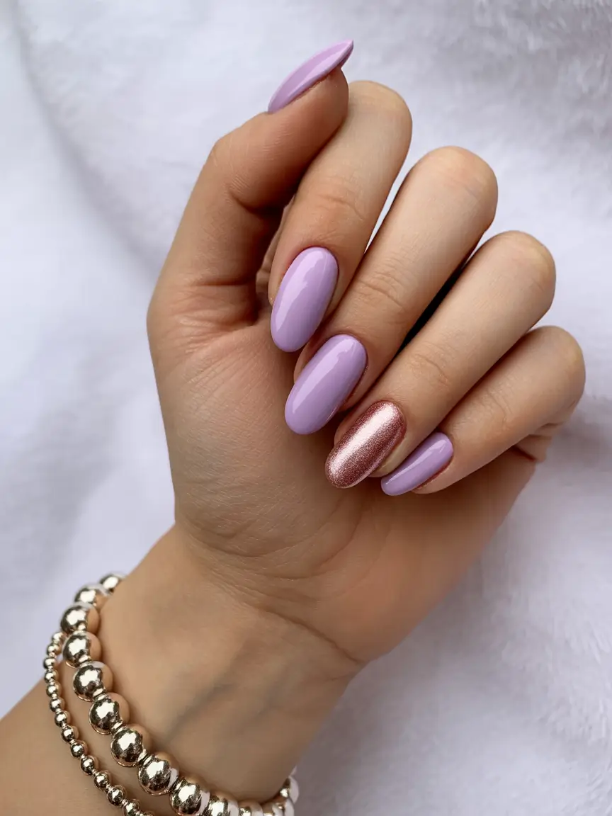 dreamy spring nails 2026 Metallic Rose Accent on Lilac Almonds