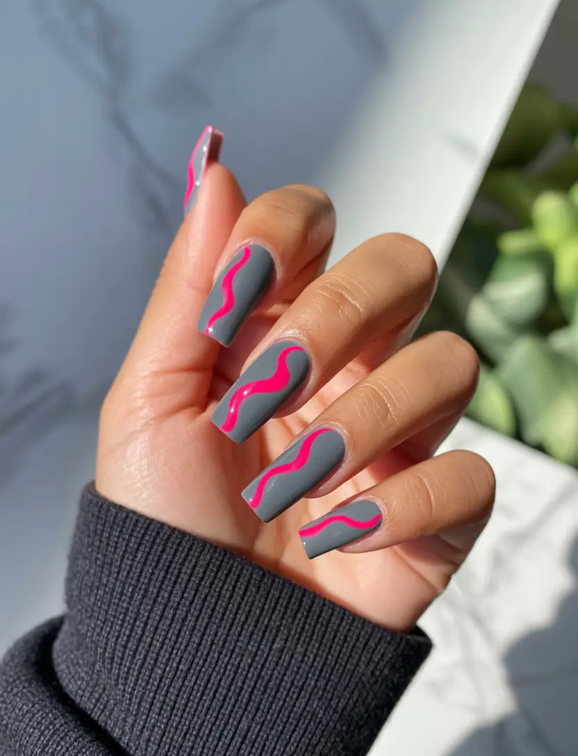 dreamy spring nails 2026 Neon Waves on Cool Grey