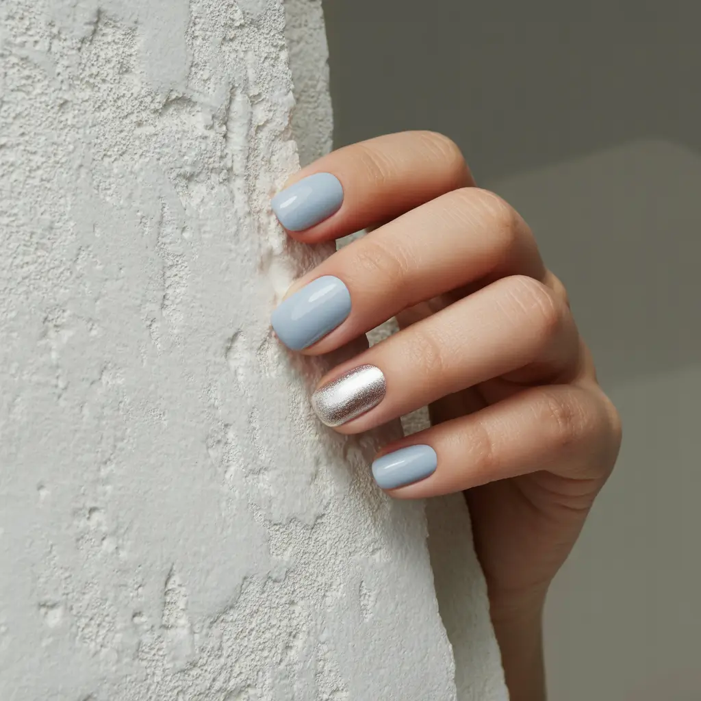 dreamy spring nails 2026 Silver Accent on Soft Cloud Blue