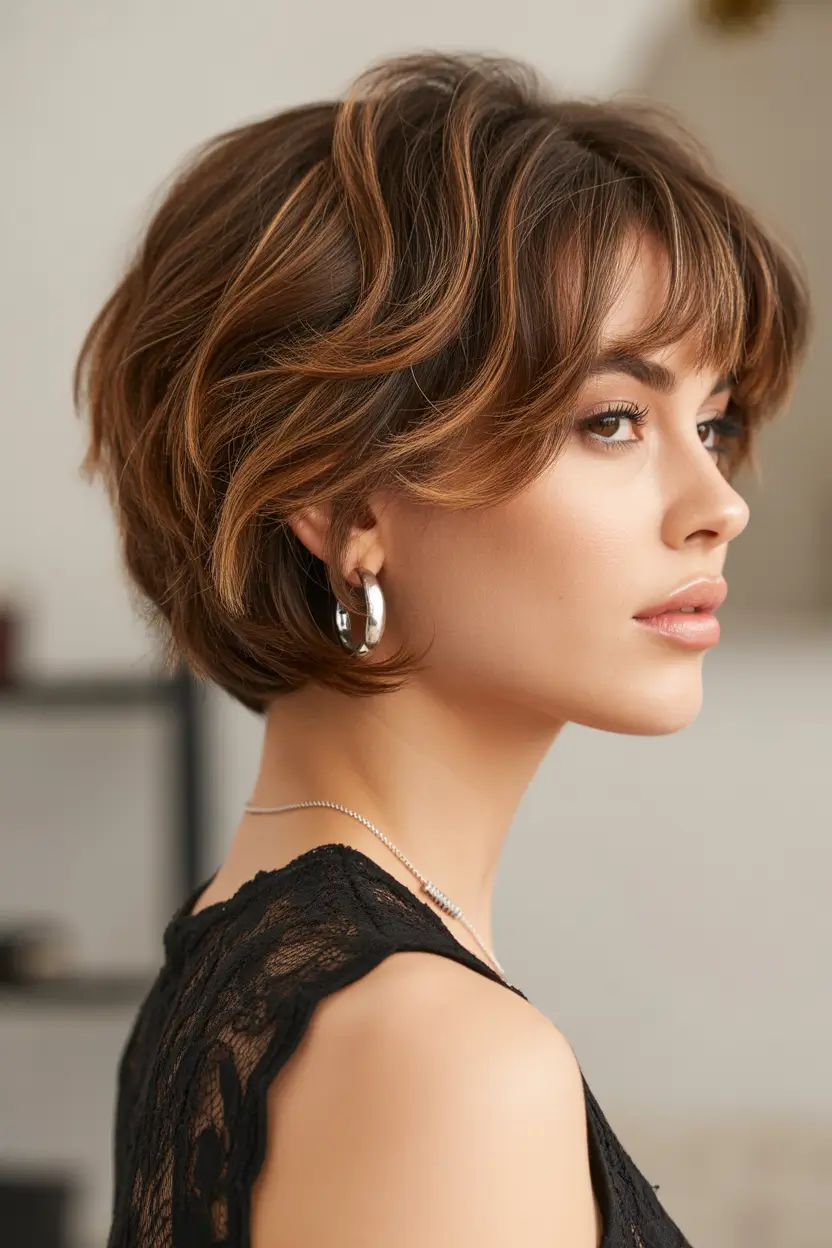 dreamy spring short haircut 2026 Feathered Brunette Bob with Wispy Bangs