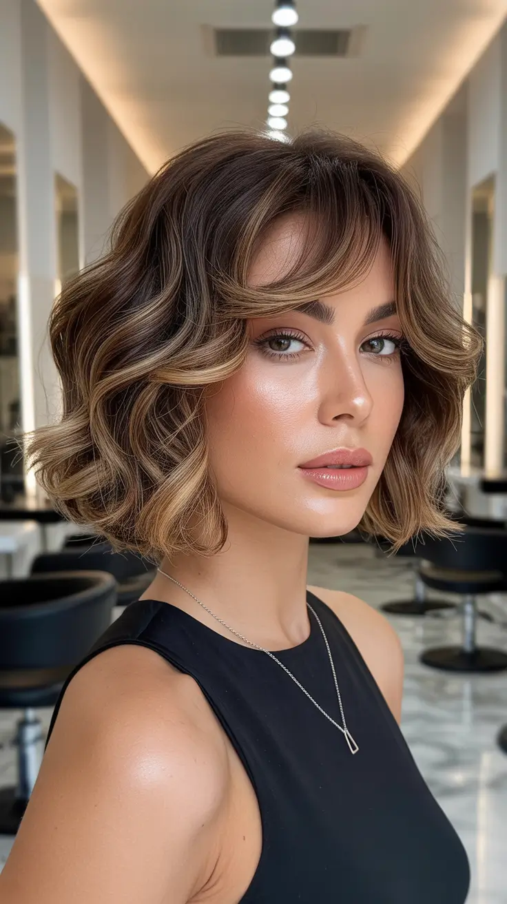 dreamy spring short haircut 2026 Glossy Layered Bob with Curtain Fringe