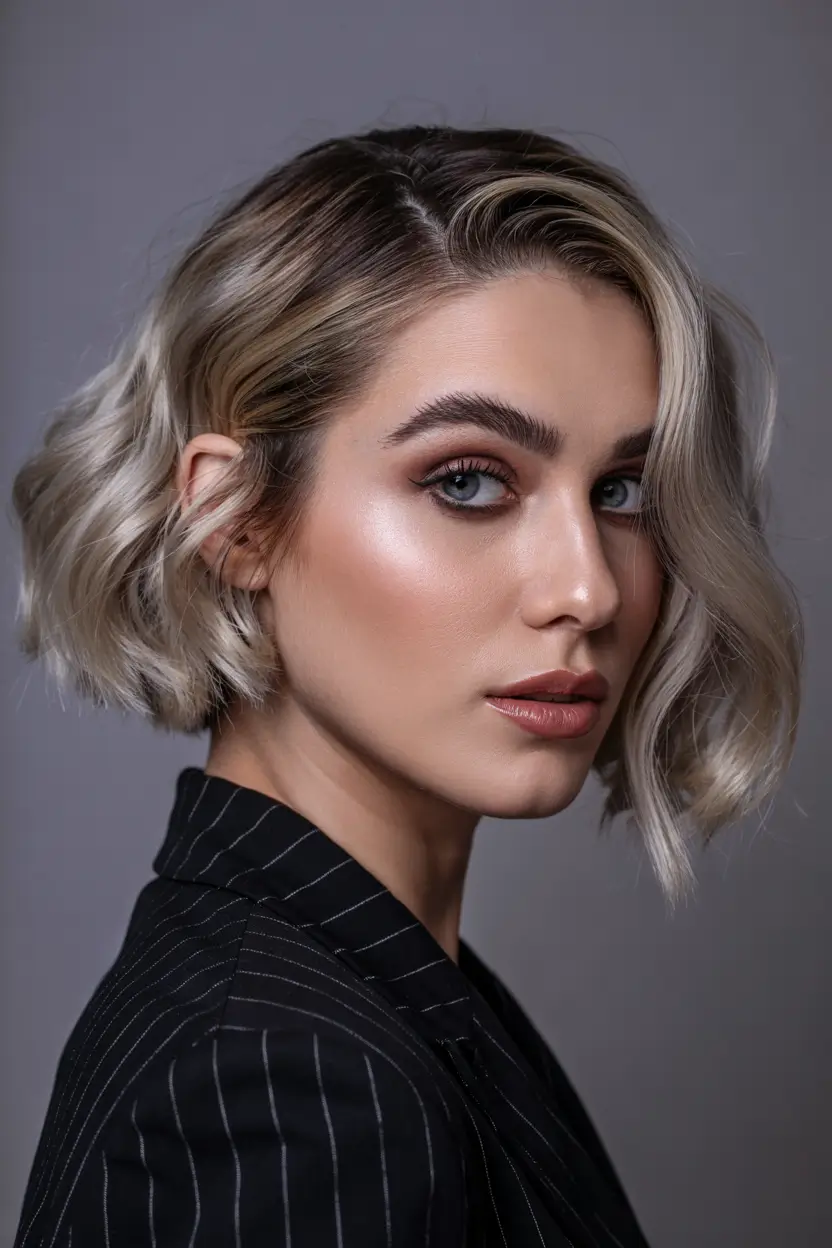 dreamy spring short haircut 2026 Soft Wavy Blonde Bob with Deep Side Part